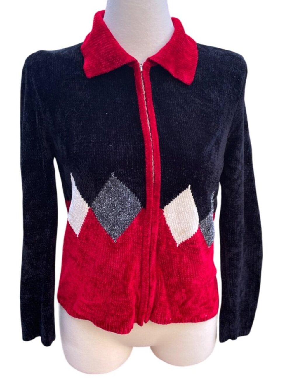 Cardigan Argyle Sweater Red & Black M Zip Color Block Vintage Womens Long Sleeve